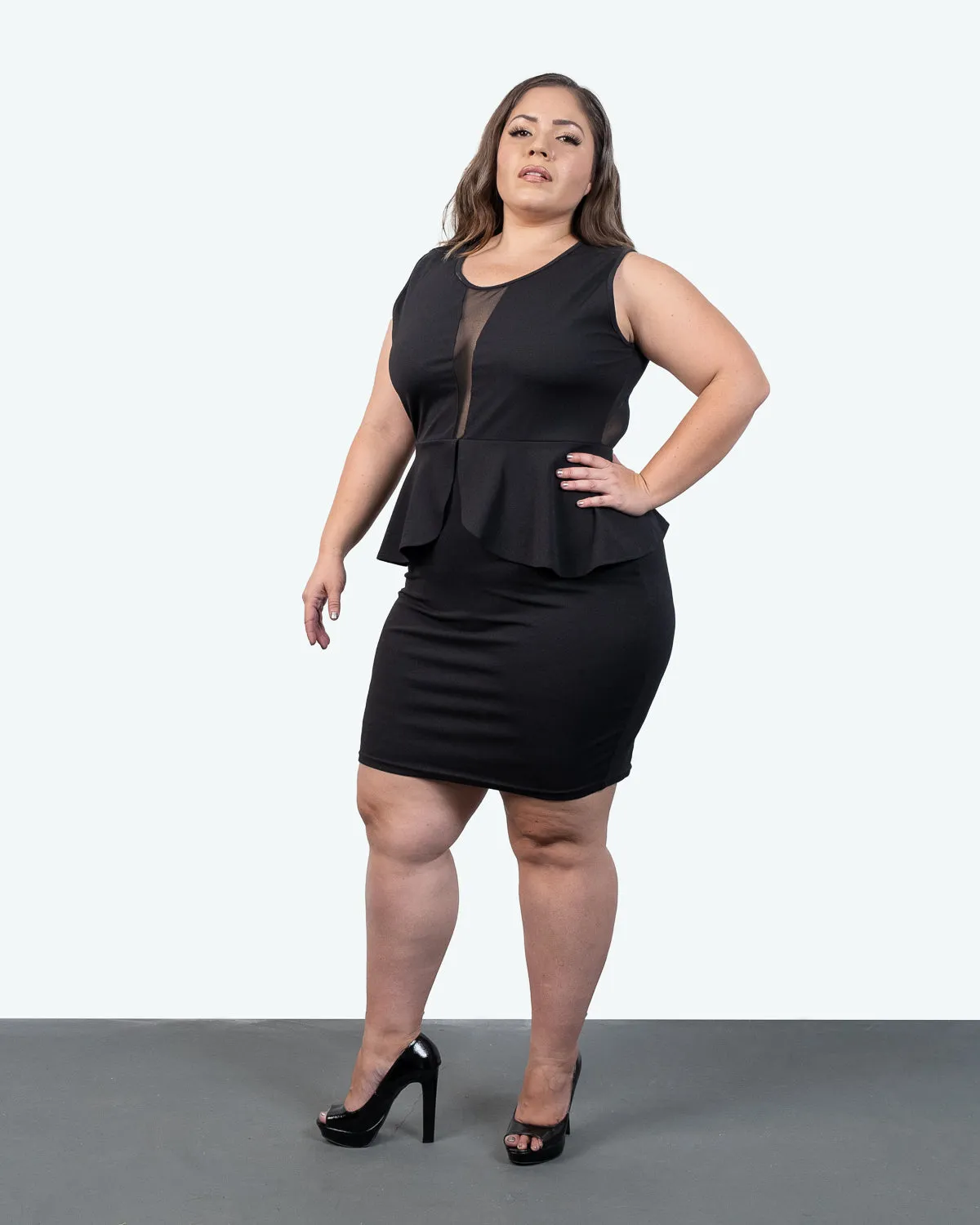 Mesh See-through Sleeveless Peplum Dress.