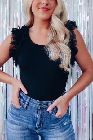 Ruffled Romance Organza Adorned Bodysuit - Black