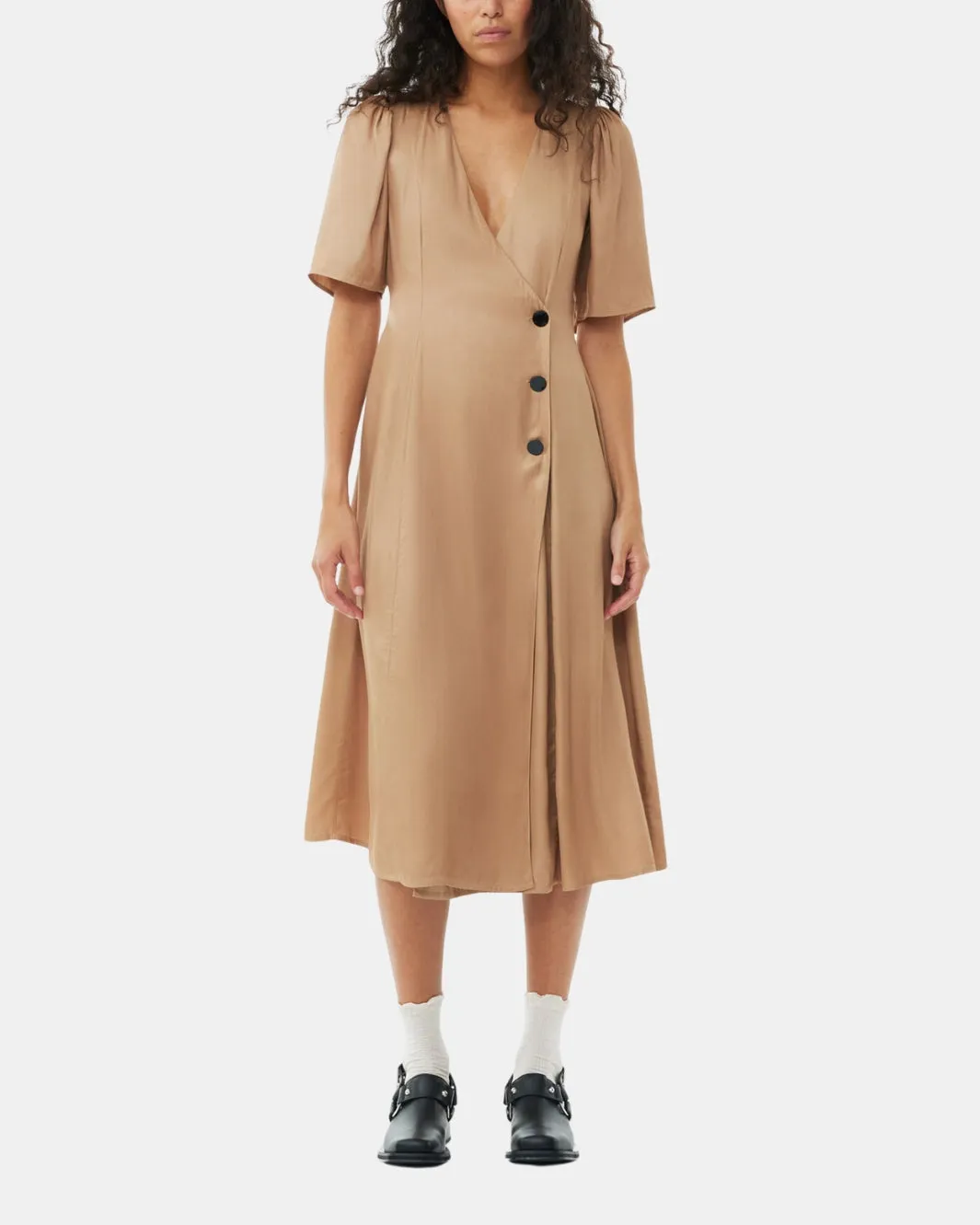 VISCOSE TWILL WRAP MIDI DRESS IN TIGER'S EYE